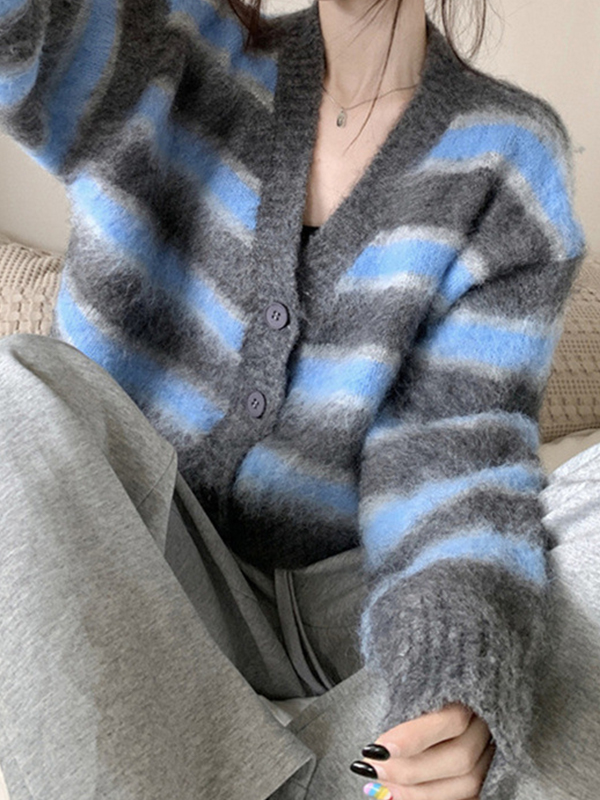 EMMIOL Cárdigan de punto corto con cuello en V a rayas de color en contraste