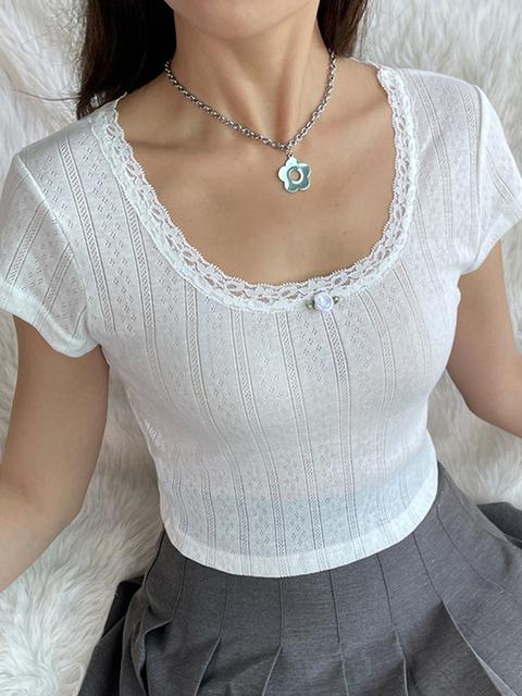 SHENHE Women's Tie Front Crop Top - Square Neck Long Sleeve Knit Shirt With Lace Trim