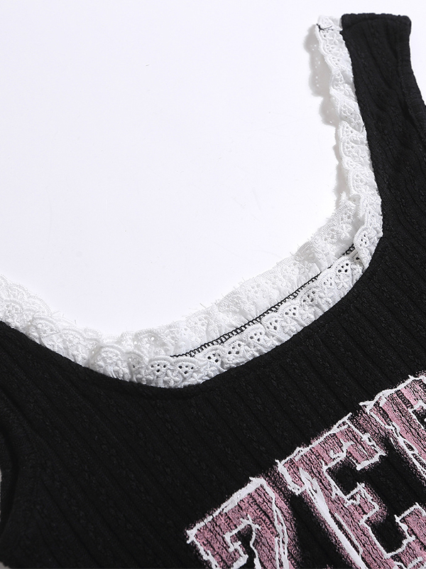 EMMIOL Lace Patchwork Letter Print Short Tank Top