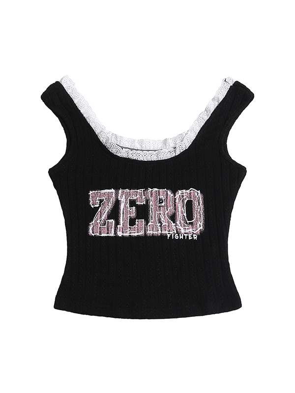 EMMIOL Lace Patchwork Letter Print Short Tank Top