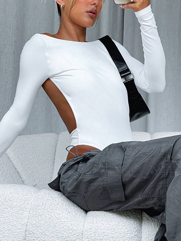 EMMIOL Solid Color Backless Long Sleeve Bodysuit