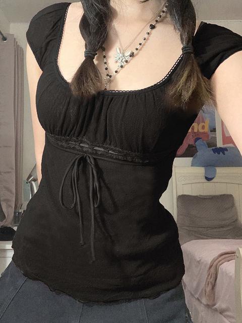 Mock Two-Piece Long-Sleeve Square Neck Lace Trim Tie Front Tee main image 1