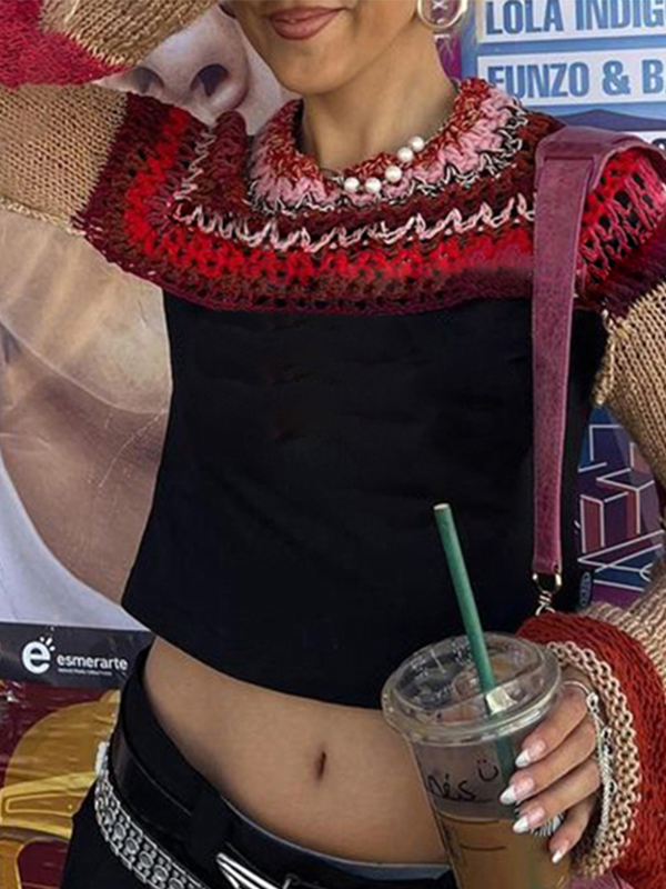 EMMIOL Super Crop Long Sleeve Knit Striped Crochet Top