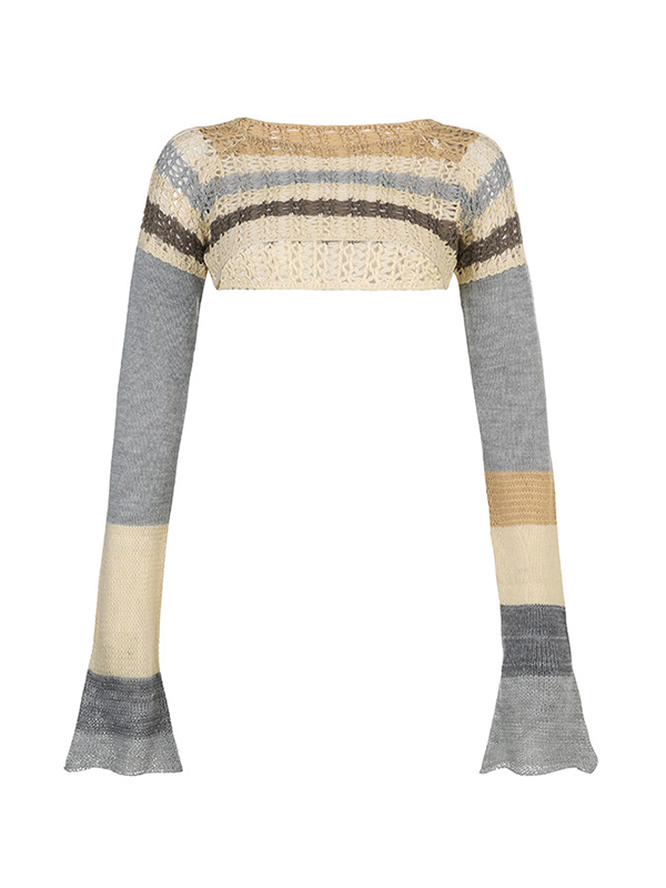 EMMIOL Top lavorato a maglia all'uncinetto a maniche lunghe a righe super crop