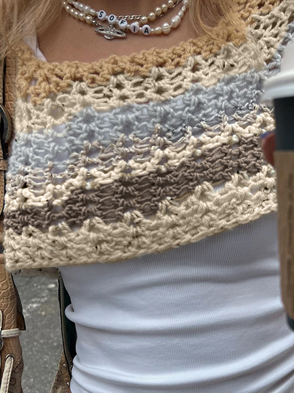 EMMIOL Top lavorato a maglia all'uncinetto a maniche lunghe a righe super crop