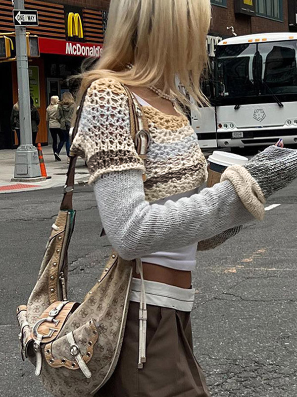 EMMIOL Top lavorato a maglia all'uncinetto a maniche lunghe a righe super crop