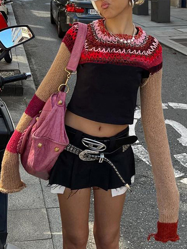 EMMIOL Super Crop Long Sleeve Knit Striped Crochet Top