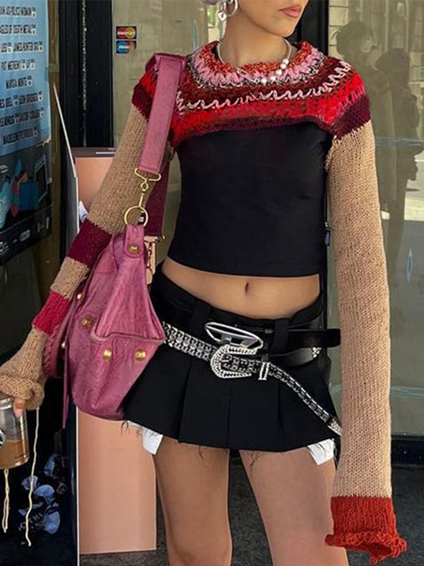 EMMIOL Super Crop Long Sleeve Knit Striped Crochet Top