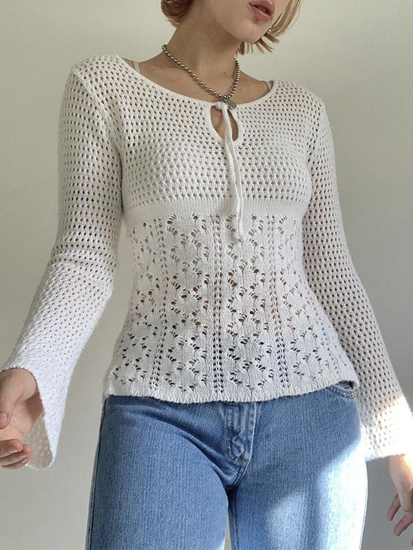 EMMIOL Tie Front White Open Knit Top