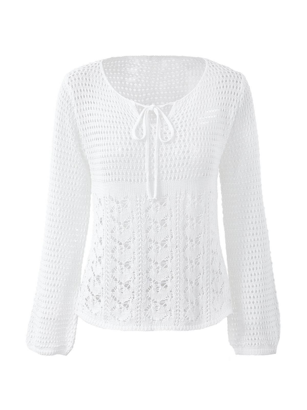 EMMIOL Tie Front White Open Knit Top