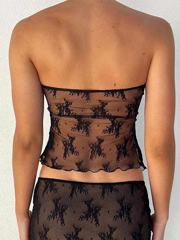 EMMIOL Top a fascia in rete trasparente con spacco patchwork