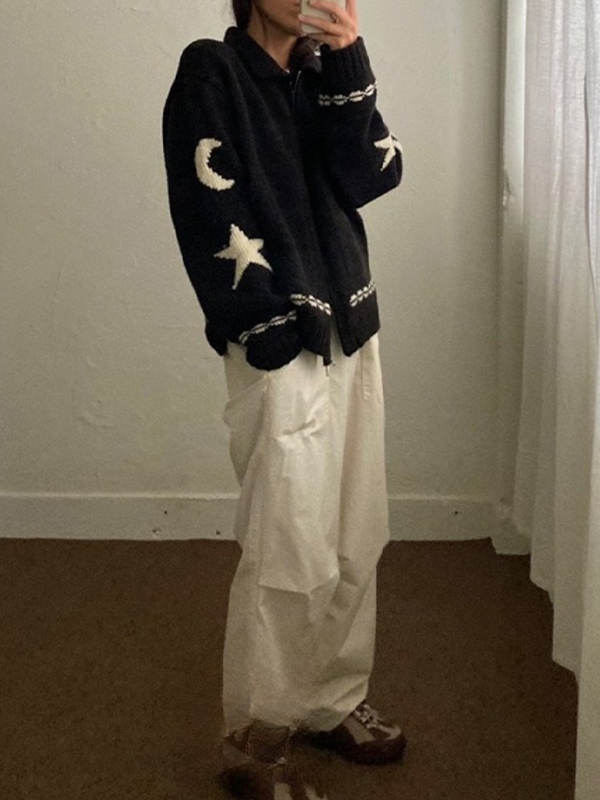 EMMIOL Strickjacke mit Stern-Jacquard-Reißverschluss