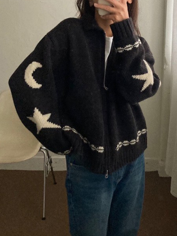 EMMIOL Strickjacke mit Stern-Jacquard-Reißverschluss