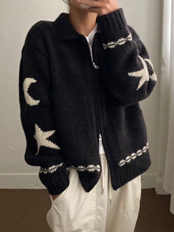 EMMIOL Strickjacke mit Stern-Jacquard-Reißverschluss
