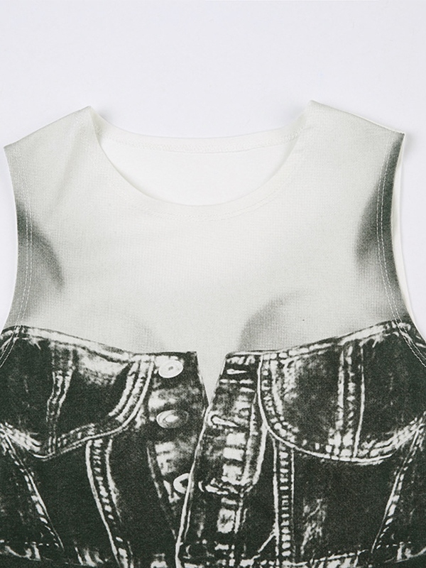 EMMIOL Camiseta de tirantes con ombligo y estampado vaquero falso