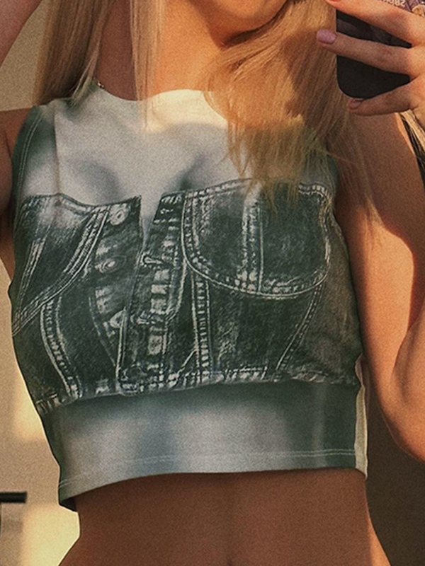 EMMIOL Camiseta de tirantes con ombligo y estampado vaquero falso