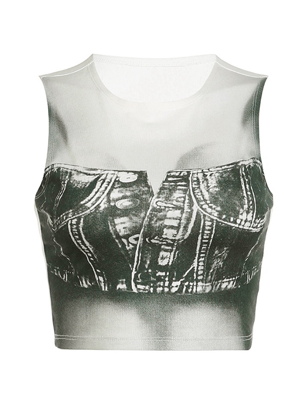 EMMIOL Camiseta de tirantes con ombligo y estampado vaquero falso